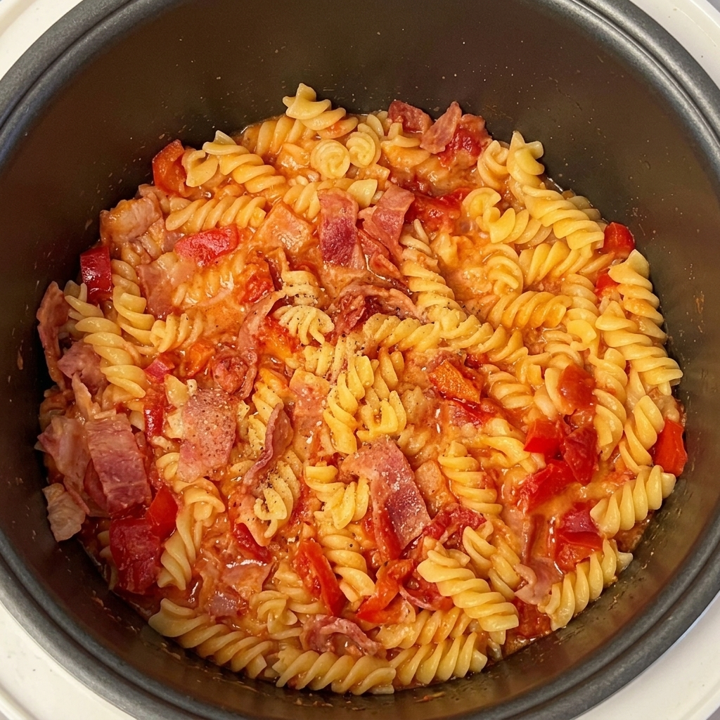 Cooked fusilli pasta in a red sauce, topped with a visible dusting of black pepper.