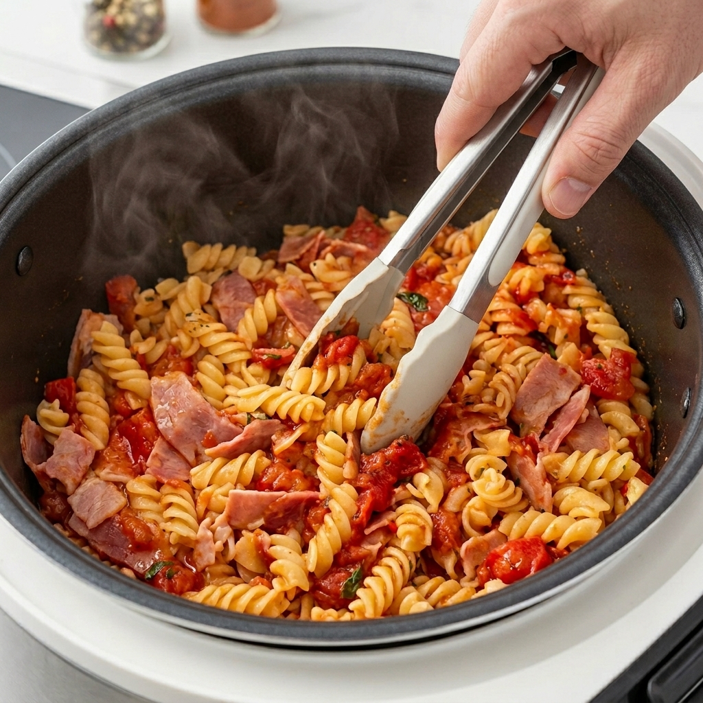 Hands using tongs to mix steaming hot fusilli pasta, diced tomatoes, and sliced bacon in a dark non-stick pot.