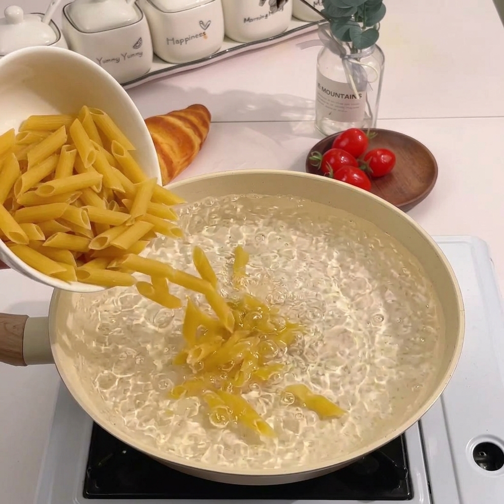 Pouring dry penne pasta from a white bowl into a pan of bubbling hot water.