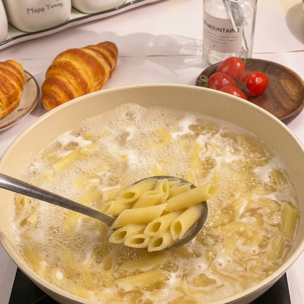 A metal slotted spoon lifting cooked penne pasta out of a pot of boiling water.