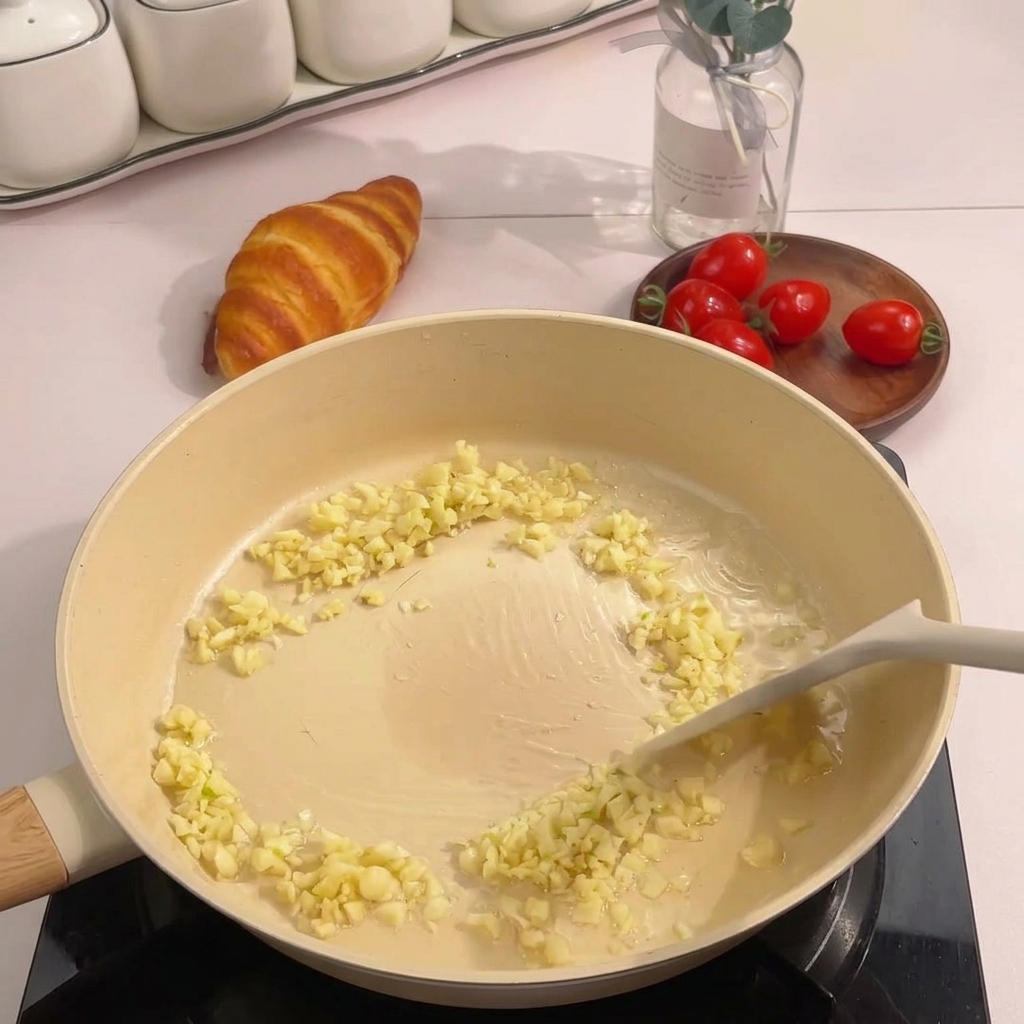 Minced garlic being sautéed in a light layer of oil in a beige non-stick pan.