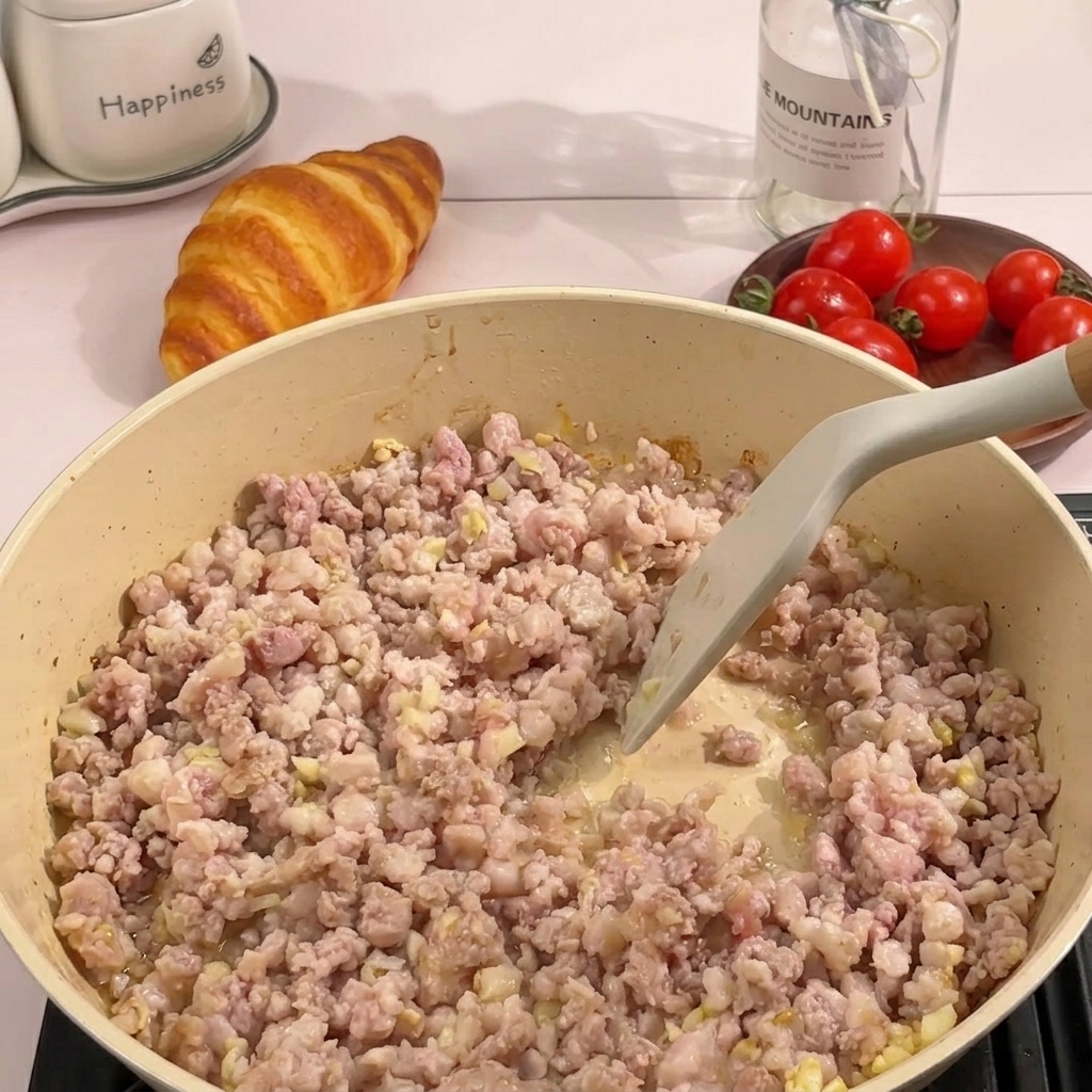Ground pork being stir-fried and broken apart with a silicone spatula in a hot pan.