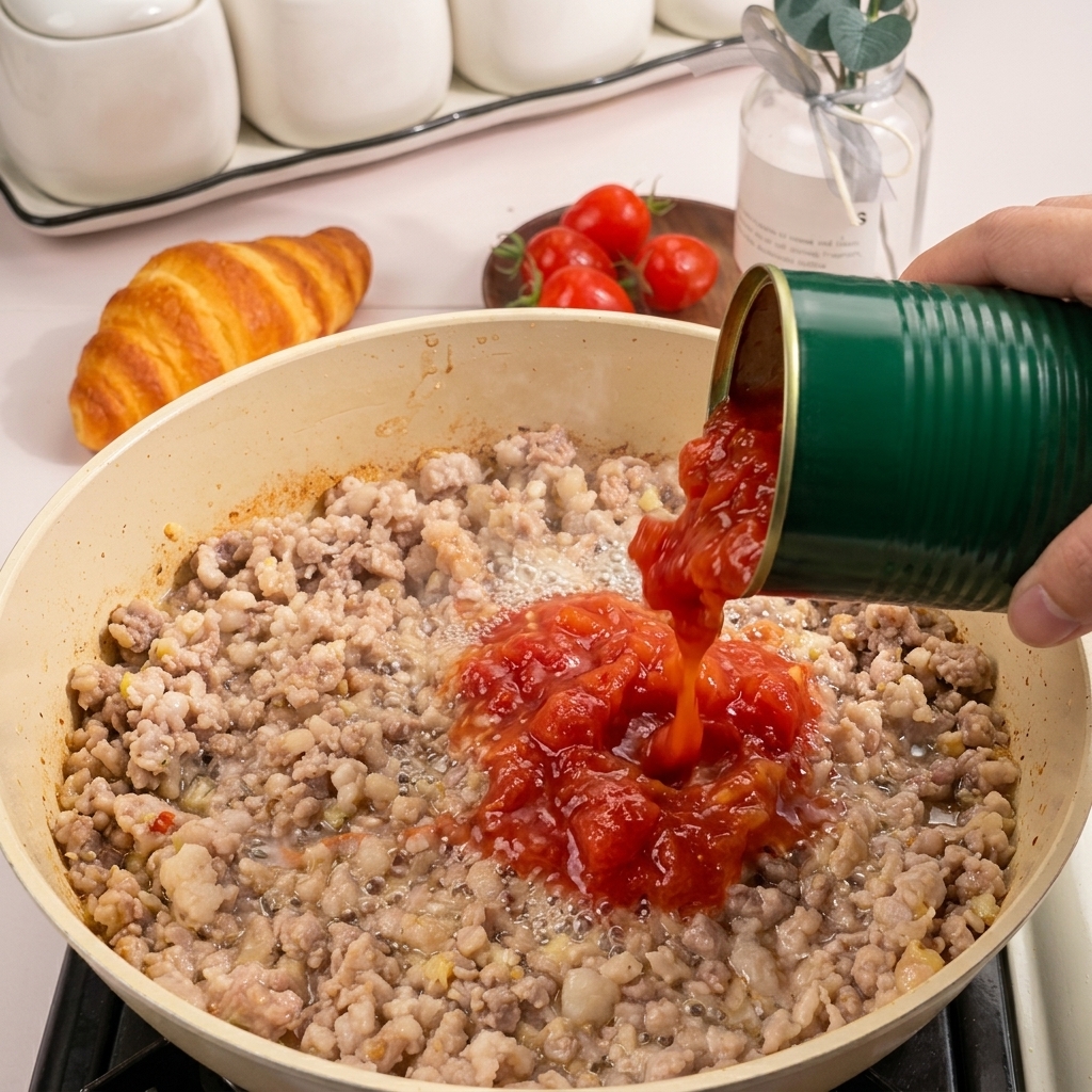 Pouring a can of rich, red diced tomatoes into a pan with cooked ground meat.