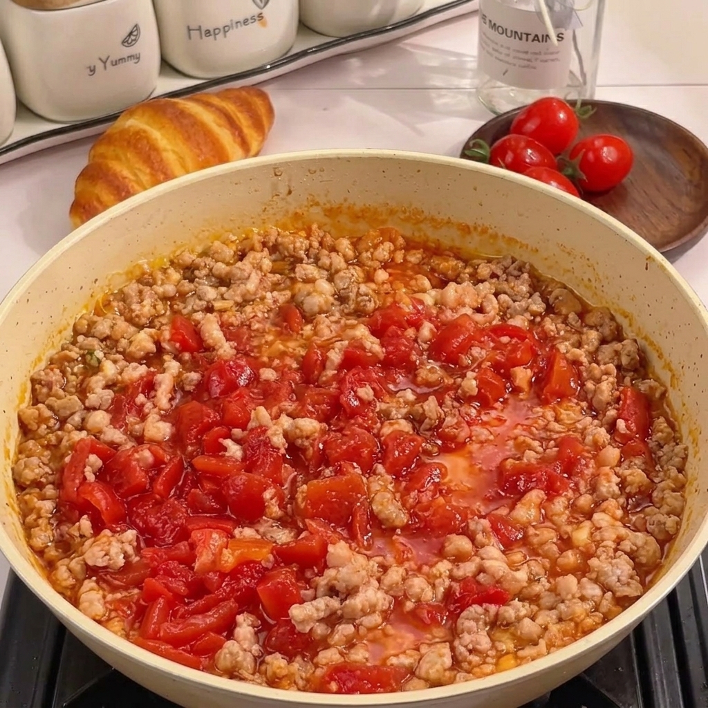 A thick simmering red sauce made of diced tomatoes and ground meat in a skillet.