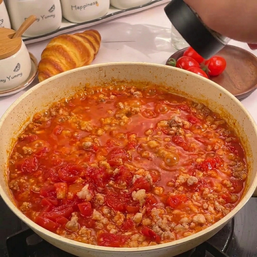 A persons hand using a black grinder to sprinkle pepper over a simmering tomato and minced meat sauce in a white speckled pan.