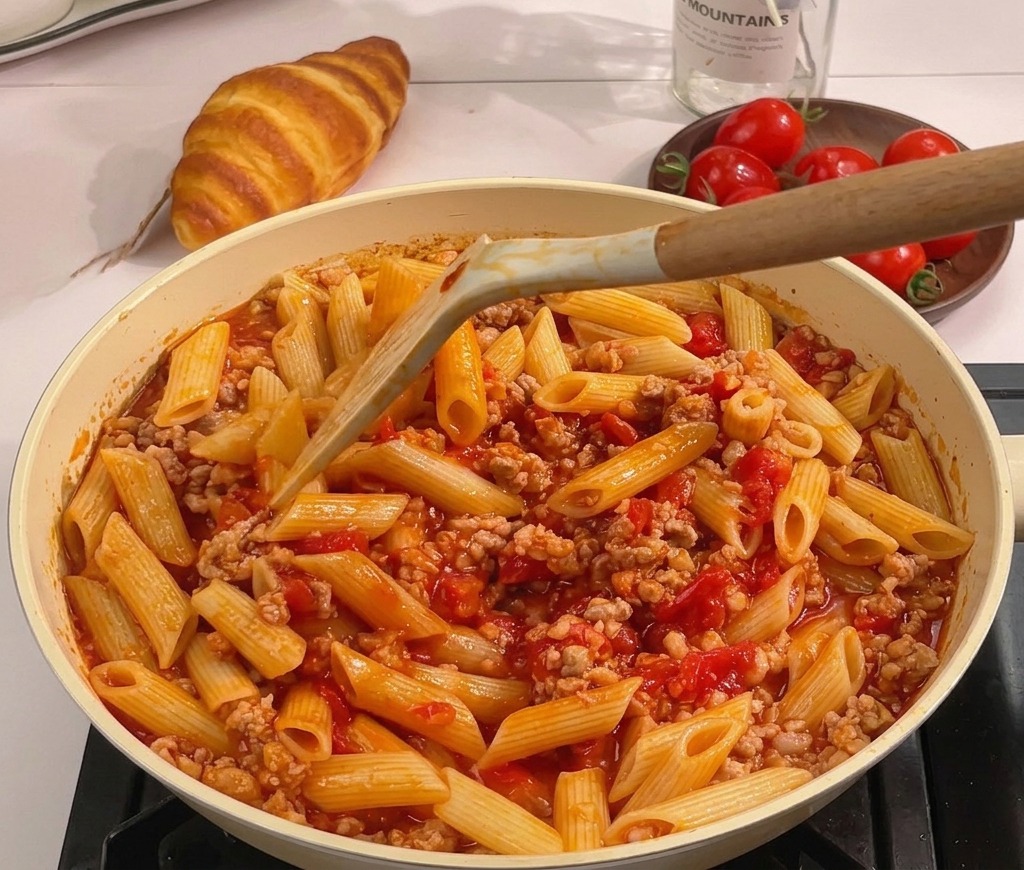 A spatula stirring cooked penne pasta into a red tomato and meat sauce in a wide pan.