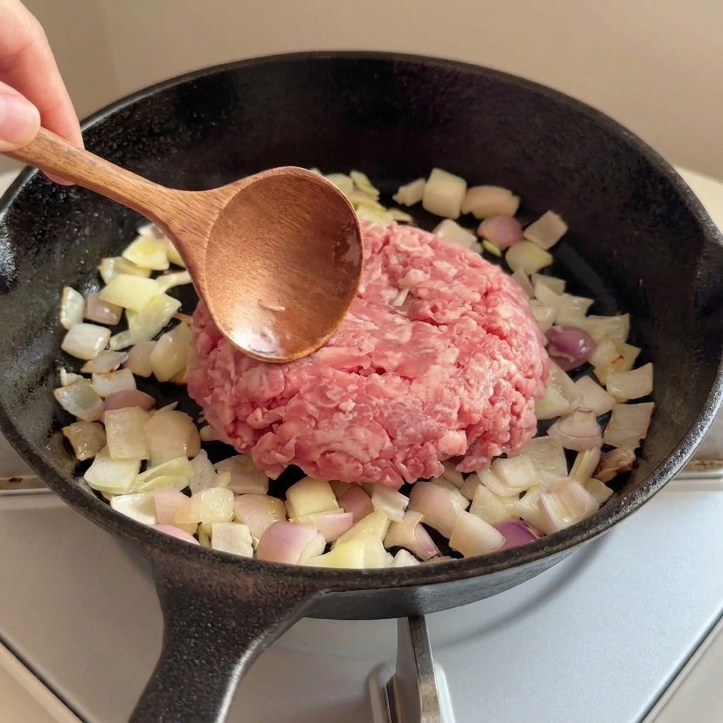 A mound of raw minced beef placed on top of sautéed onions in a black skillet.