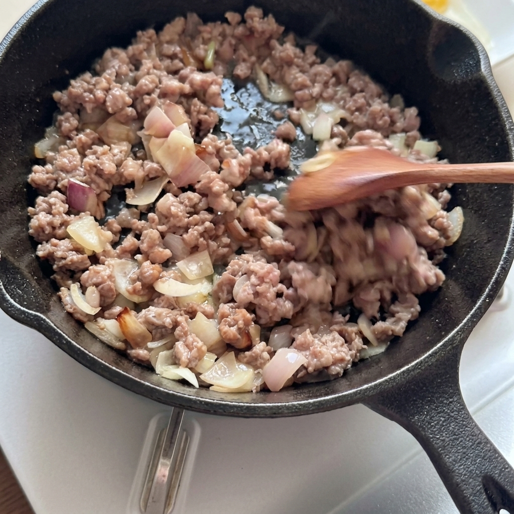 Browned minced beef and onions being stirred in a cast-iron skillet.