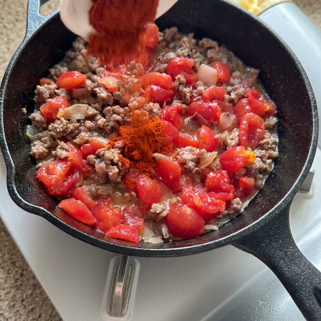Adding red paprika powder to a skillet of browned ground beef and chopped tomatoes.