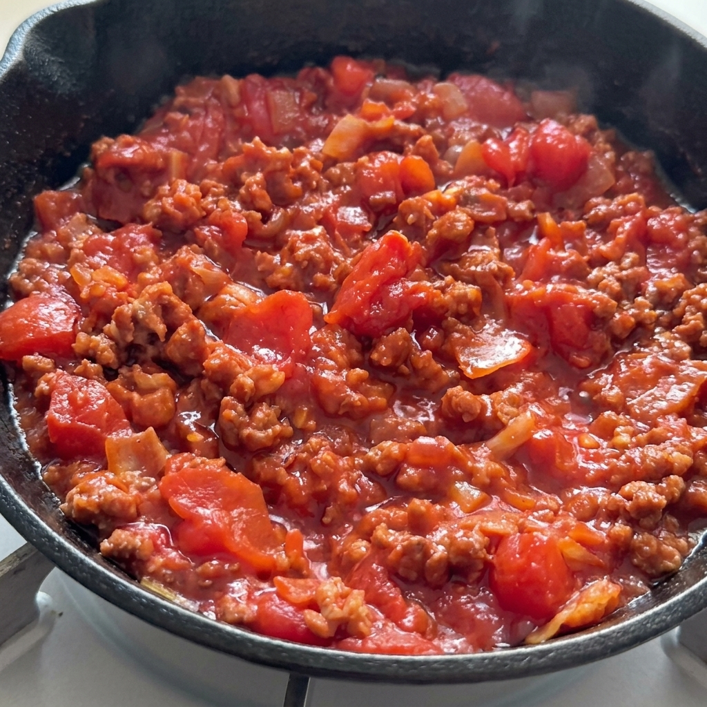 A thick, bubbling red tomato and meat sauce simmering in a cast-iron skillet.
