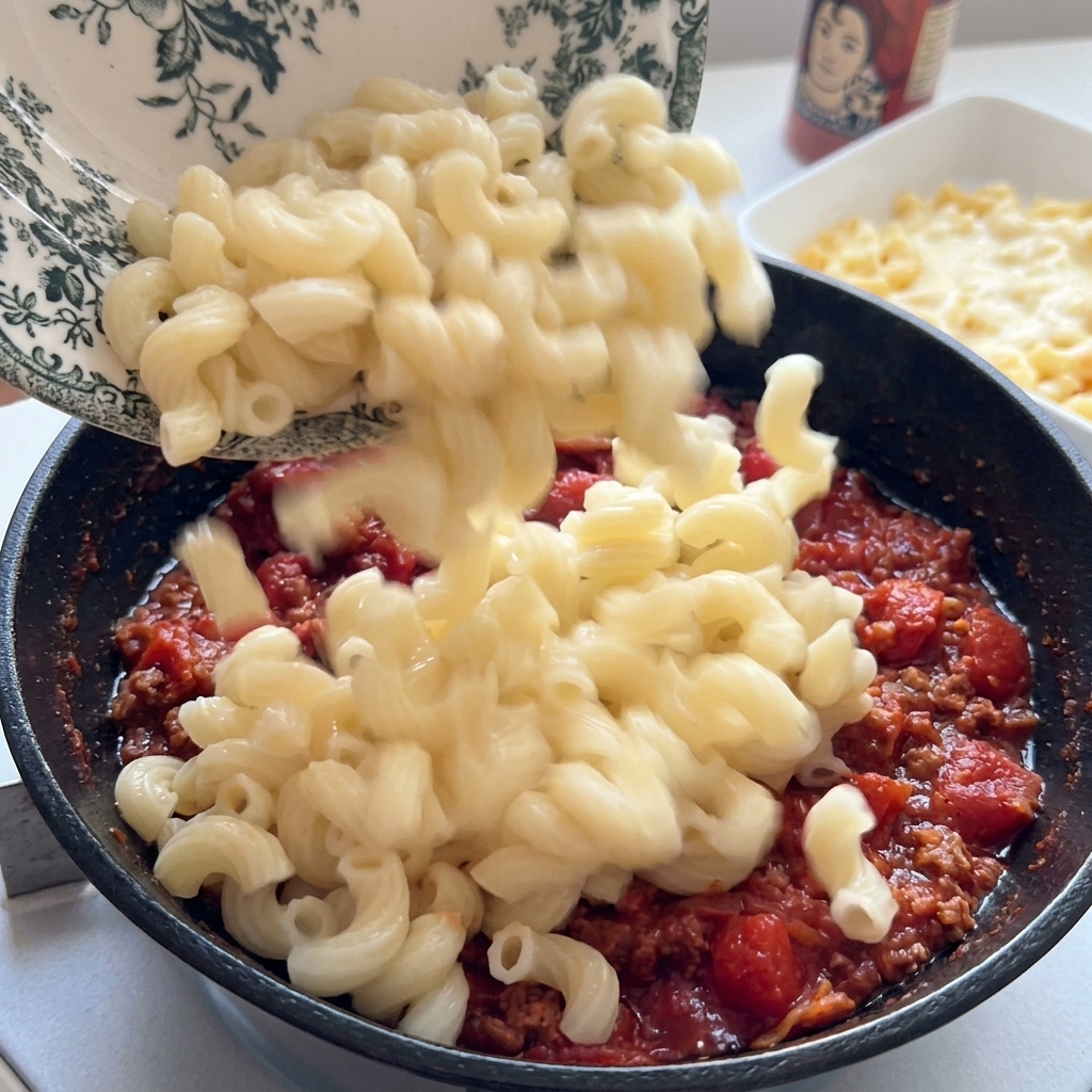 Cooked macaroni noodles being poured from a patterned plate into a cast iron skillet filled with a rich tomato and minced beef sauce.