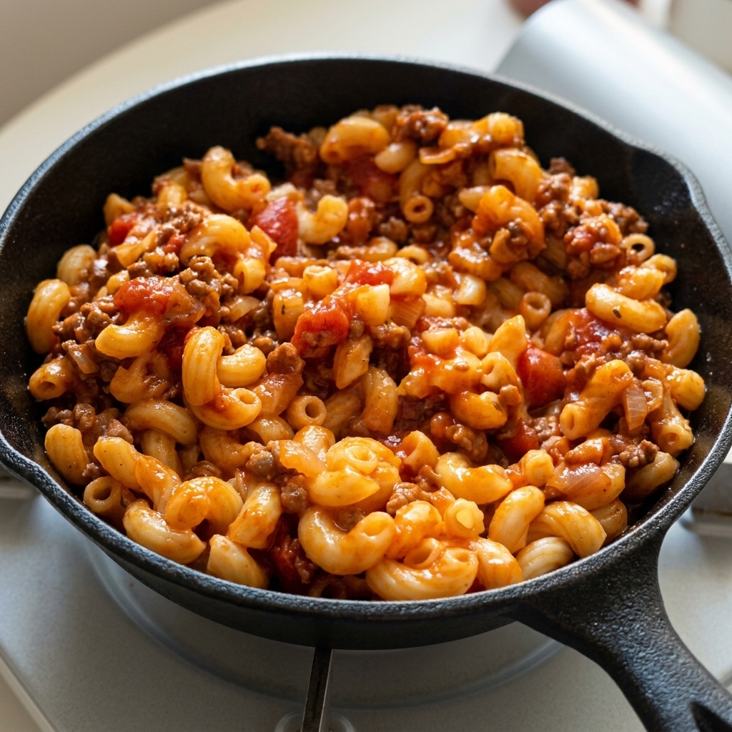 Macaroni completely coated in a thick, hearty beef and tomato sauce, sitting in a cast iron skillet.