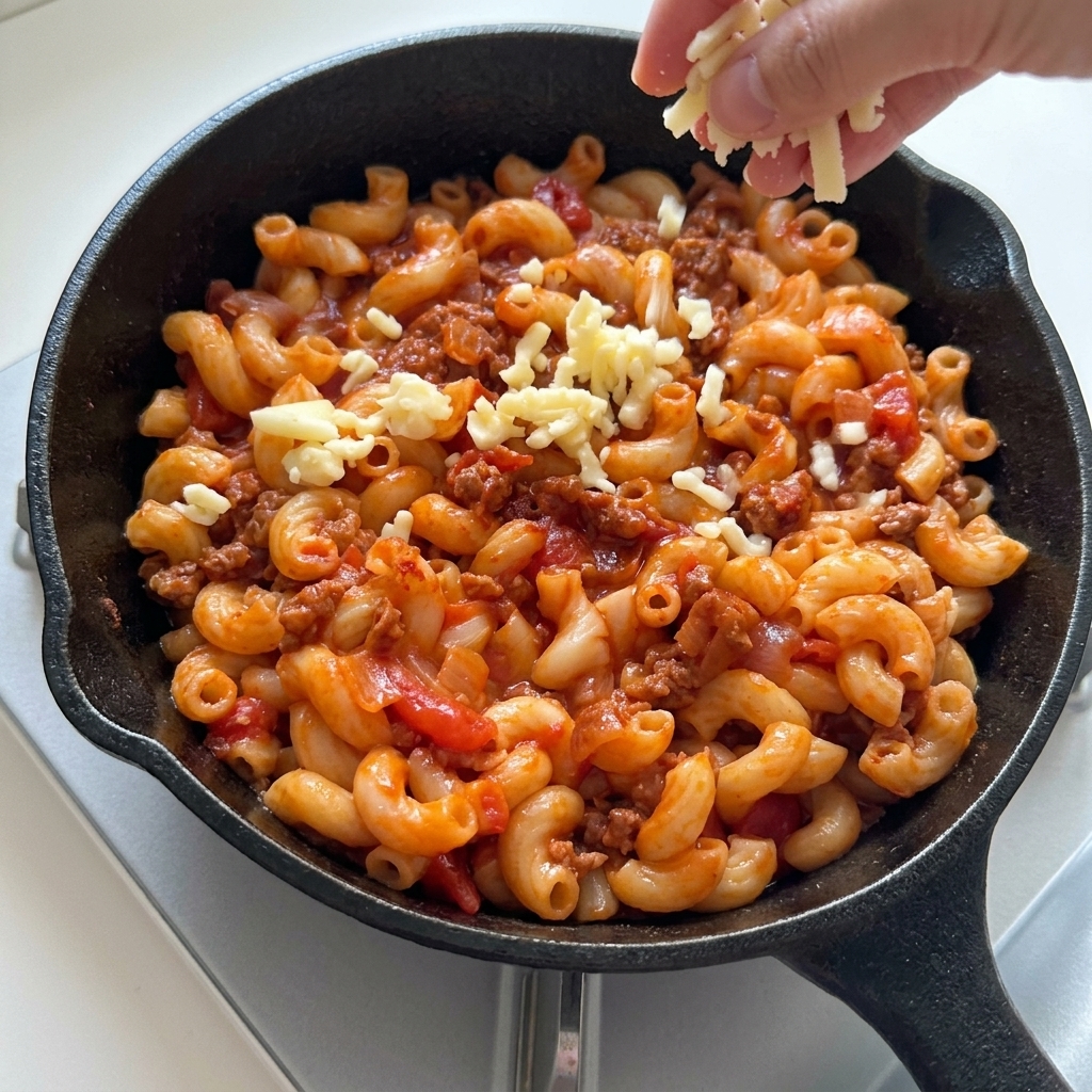 A hand sprinkling a thick layer of shredded mozzarella cheese over the macaroni and meat sauce in a skillet.
