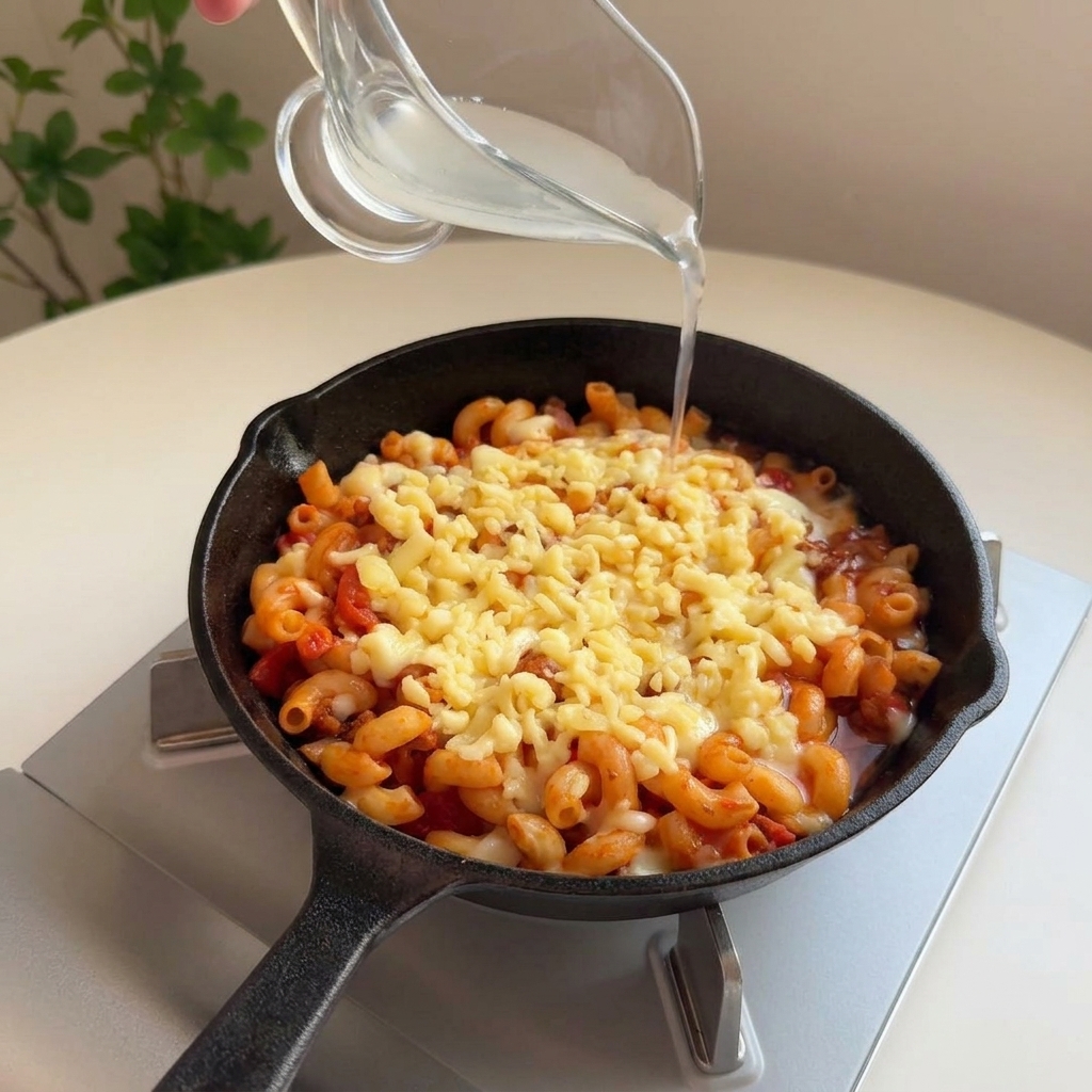 Clear pasta water being poured from a small glass pitcher around the edges of a skillet filled with cheesy macaroni.
