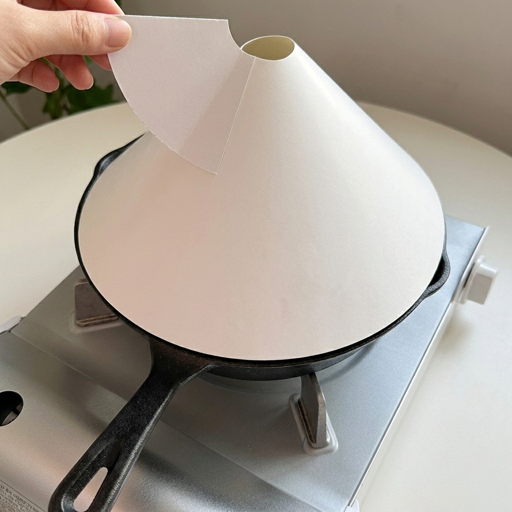 A hand placing a white conical paper lid over a black cast iron skillet sitting on a portable gas stove.