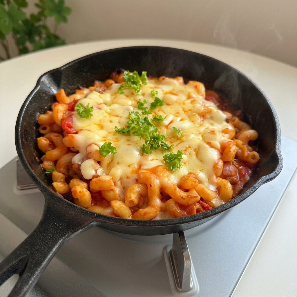A steaming cast iron skillet filled with cheesy macaroni and meat sauce, beautifully garnished with fresh chopped green parsley.