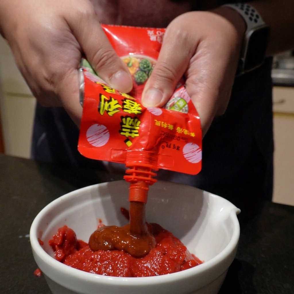 Hands squeezing a packet of red garlic chili sauce into a white bowl containing thick tomato paste.