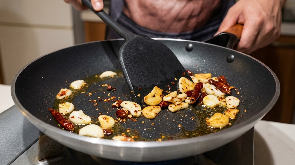 Sliced garlic cloves and dried red chili flakes sizzling in cooking oil inside a black skillet.
