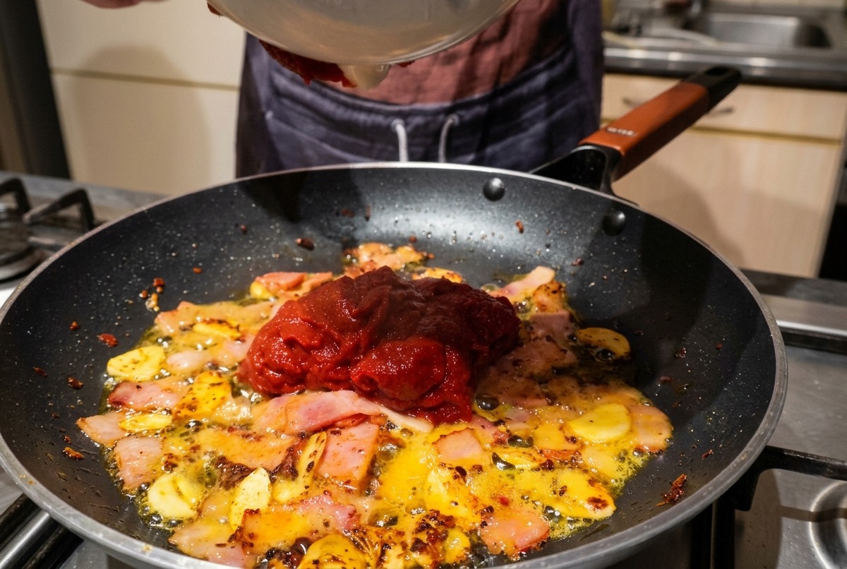 Thick red tomato and chili mixture being poured from a white bowl into a pan containing cooked bacon and garlic.