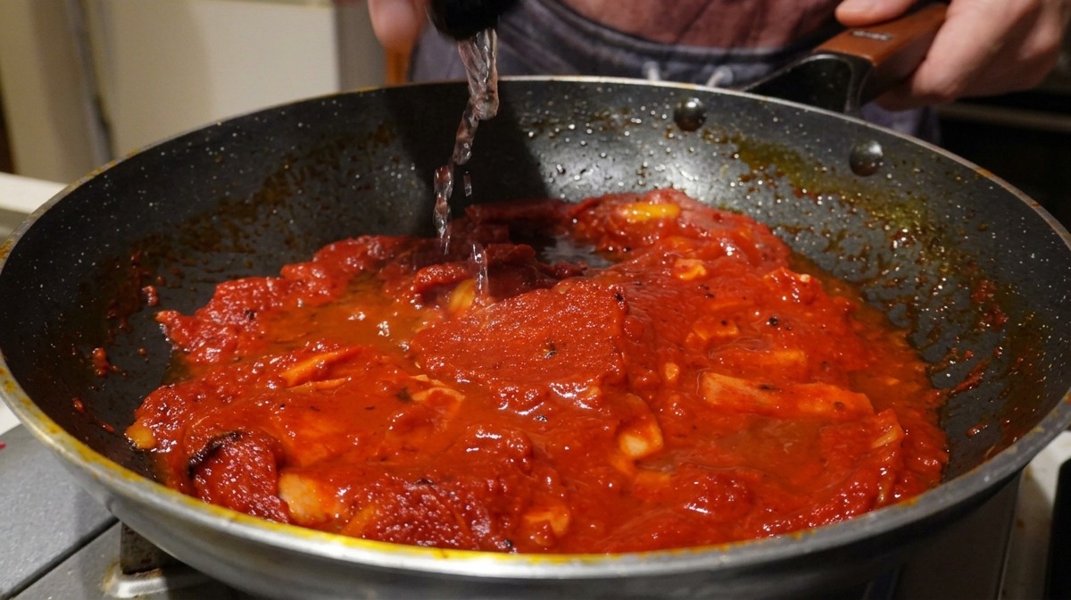 Pouring clear liquid from a jigger into simmering red tomato sauce in a dark nonstick skillet.