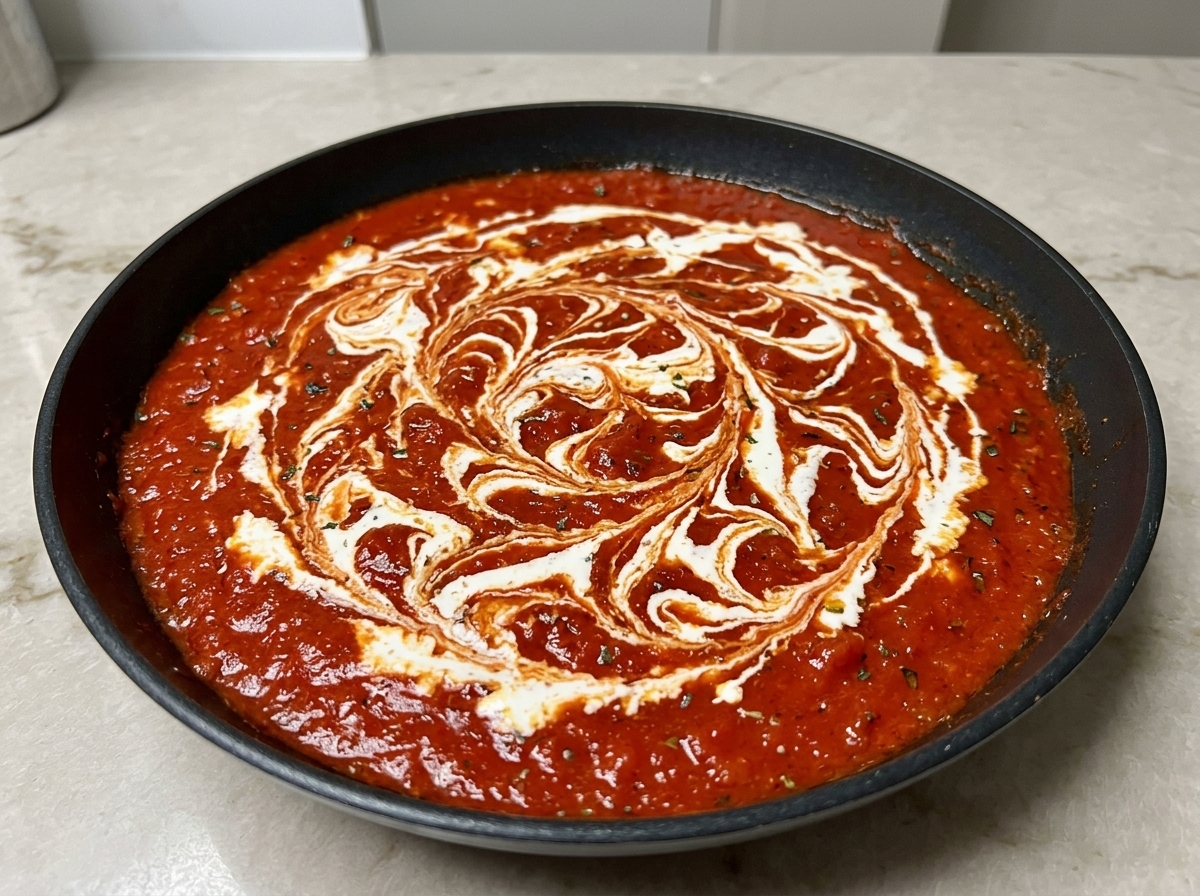 A hot pan filled with a rich red tomato sauce beautifully swirled with streams of white heavy cream.