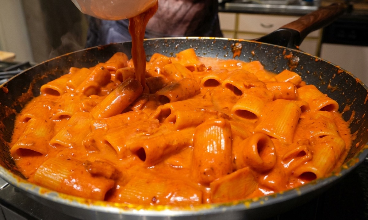 Pouring starchy pasta water from a white bowl into a skillet of rigatoni coated in red sauce.