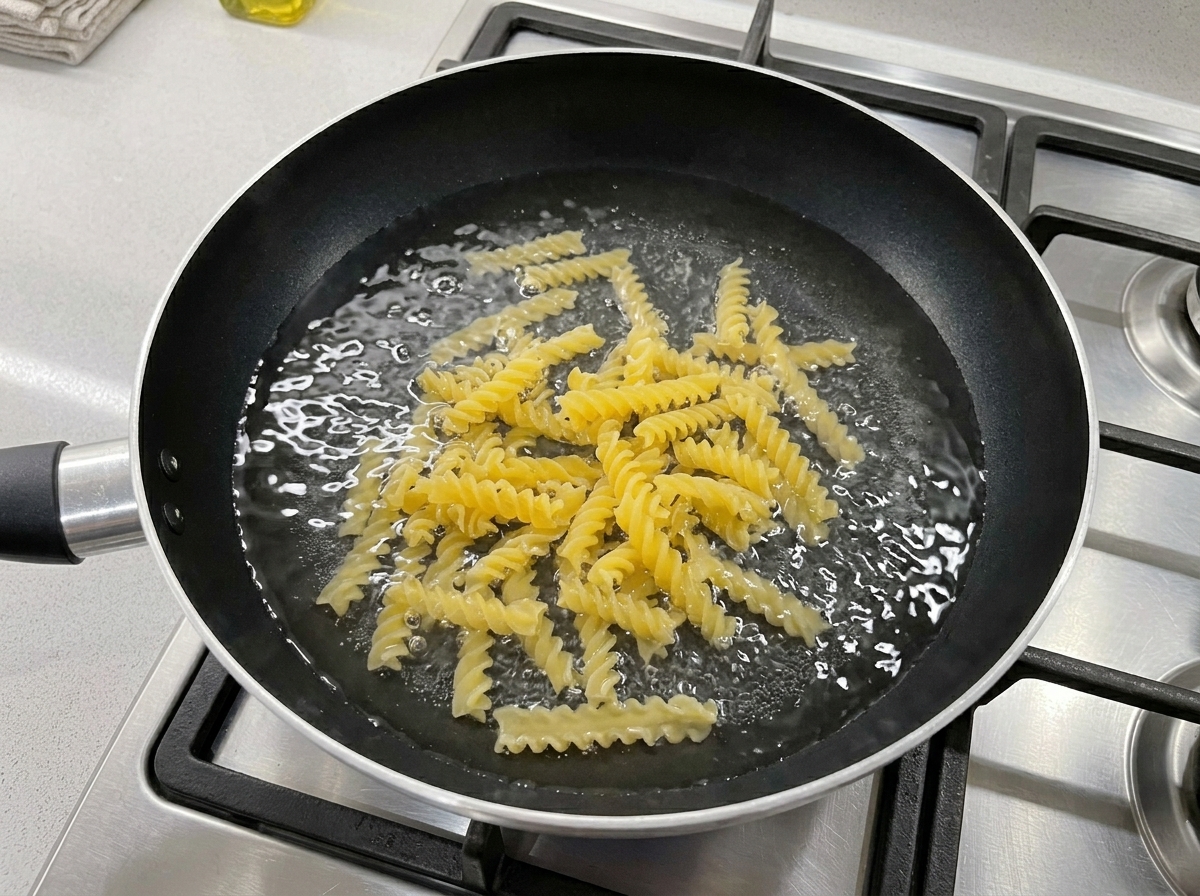 Dry yellow fusilli pasta submerged in cold water inside a black non-stick skillet on a gas stovetop.