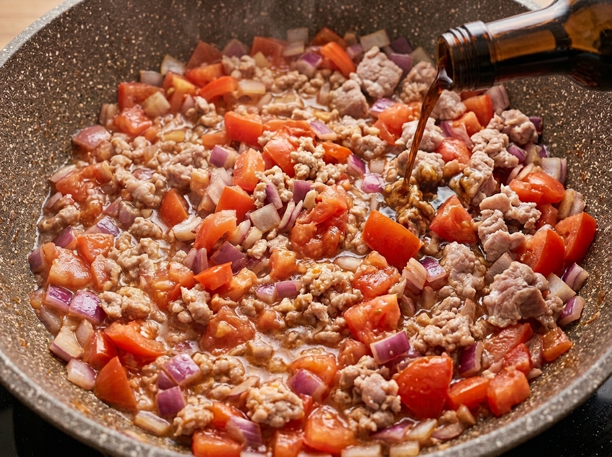 Dark light soy sauce being poured from a glass bottle into a simmering pan of diced tomatoes, bacon, and red onions.