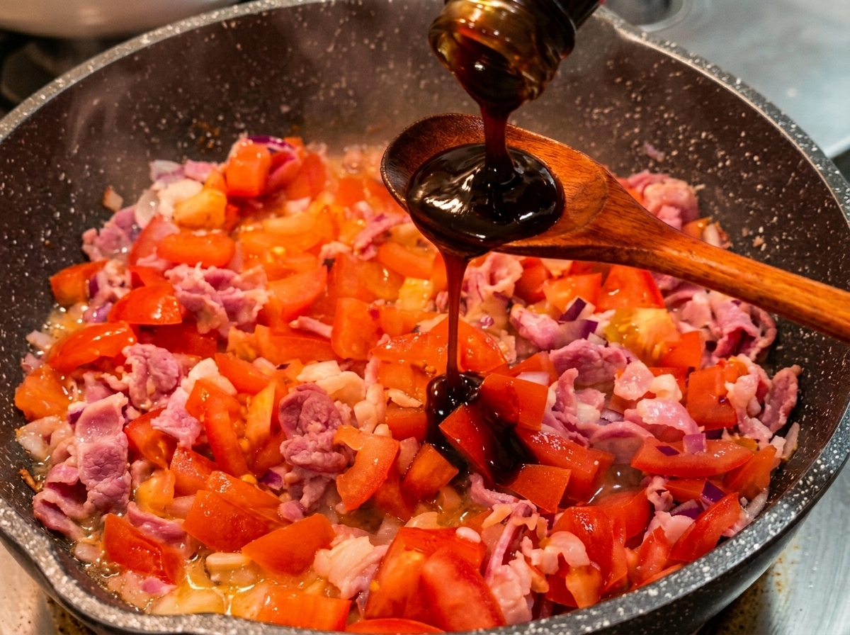 Thick dark oyster sauce pouring from a bottle onto a wooden spoon held over a bubbling, bright red tomato and bacon sauce.