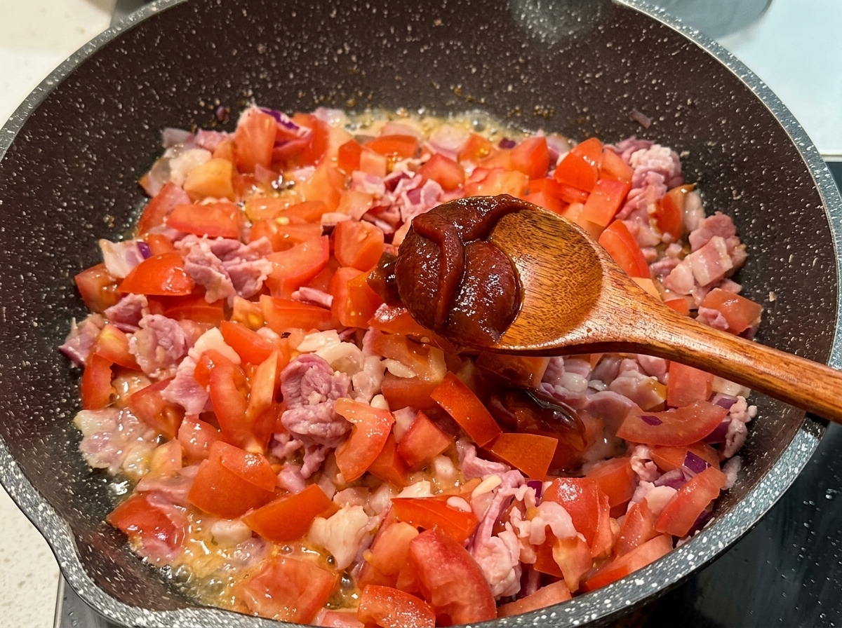 A wooden spoon adding thick ketchup into a frying pan filled with simmering chopped tomatoes, bacon, and onions.