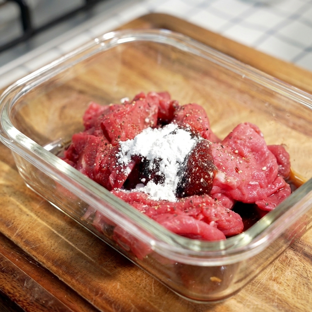 Raw sliced beef in a clear glass container topped with white cornstarch powder and dark liquid marinade.