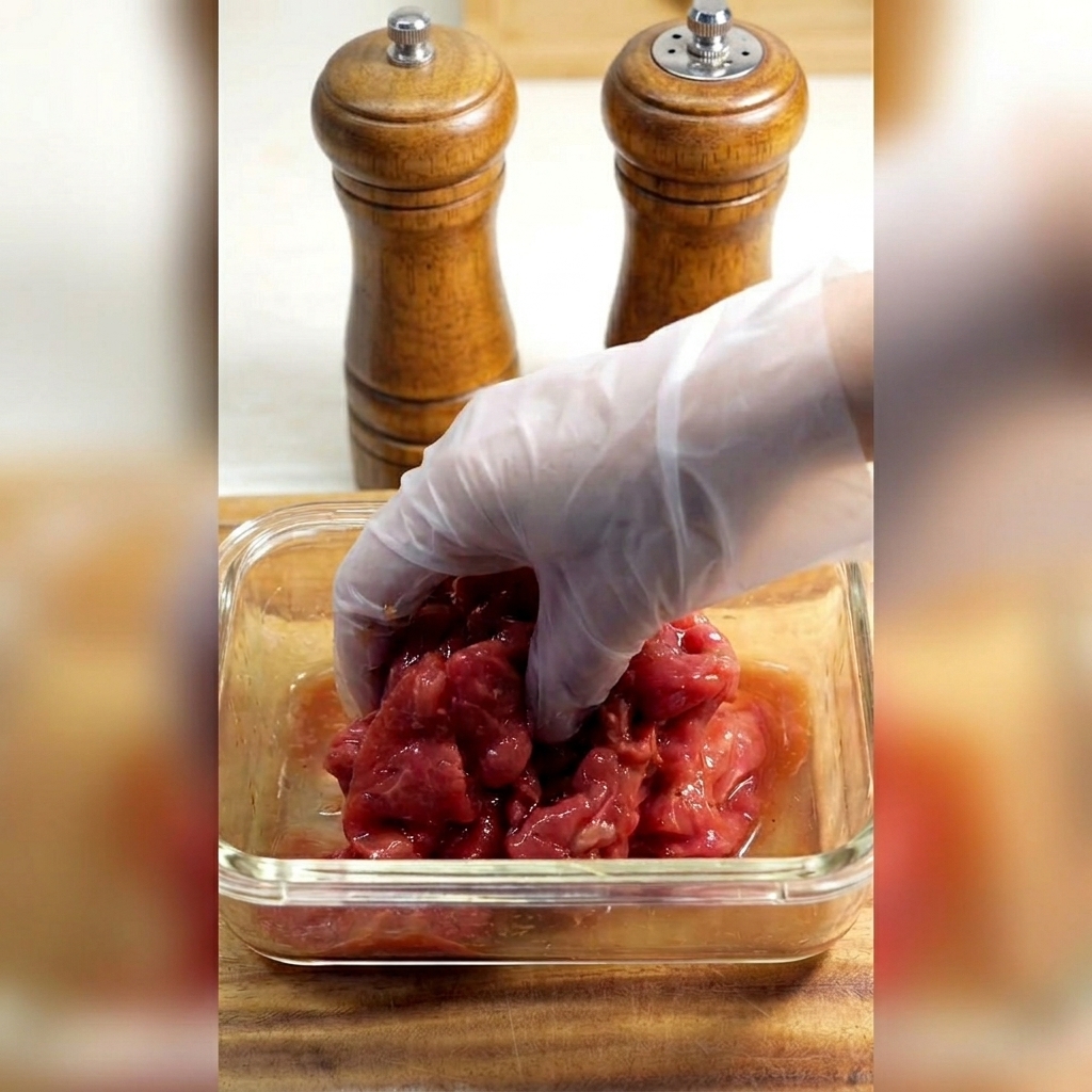 A gloved hand massaging and mixing raw red beef slices with dark marinade in a glass container.