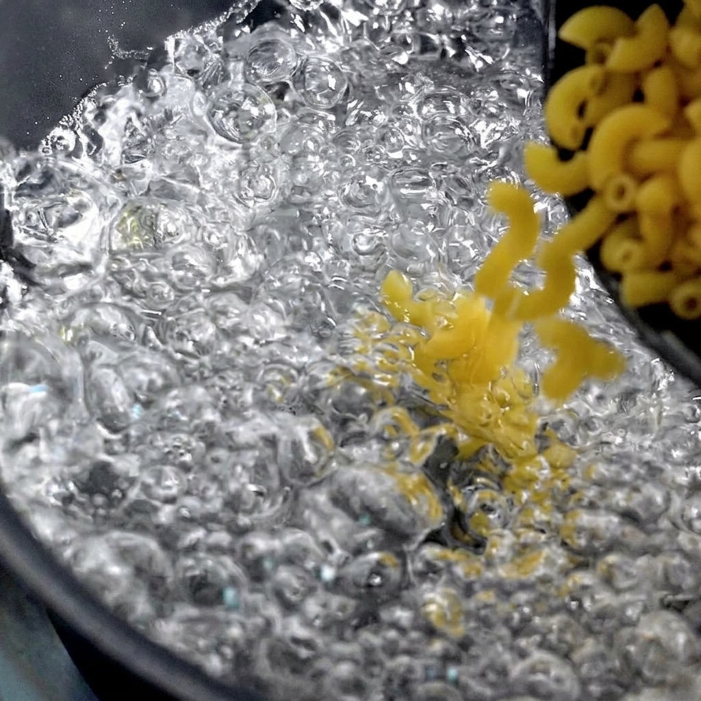 Dry yellow macaroni pasta being poured into a pot of rapidly bubbling boiling water.