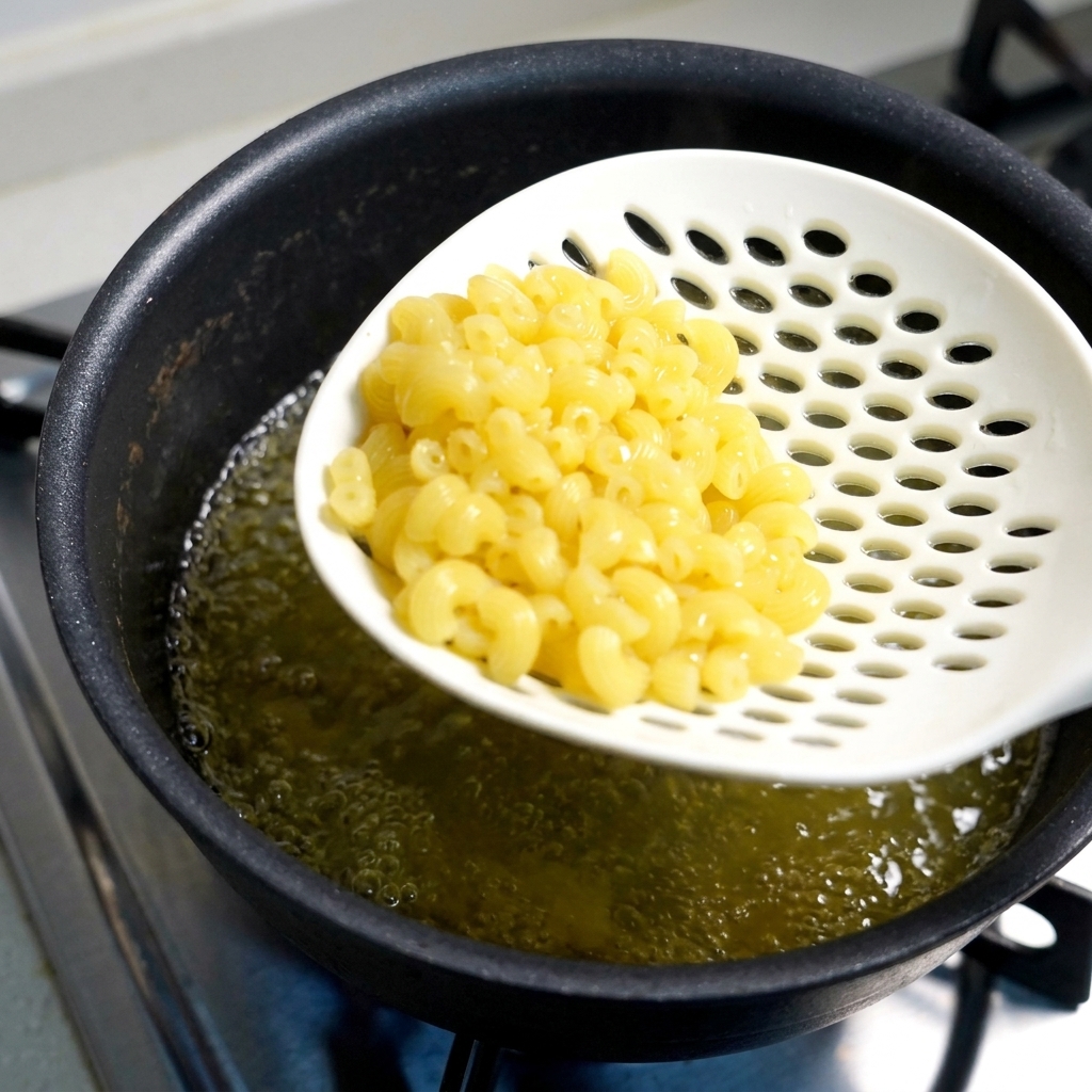 Cooked pale yellow macaroni being lifted out of boiling water with a white slotted spoon.