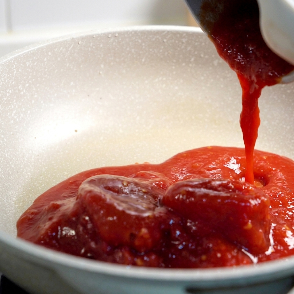 Pouring thick red tomato paste into a pan over chunks of peeled tomatoes.