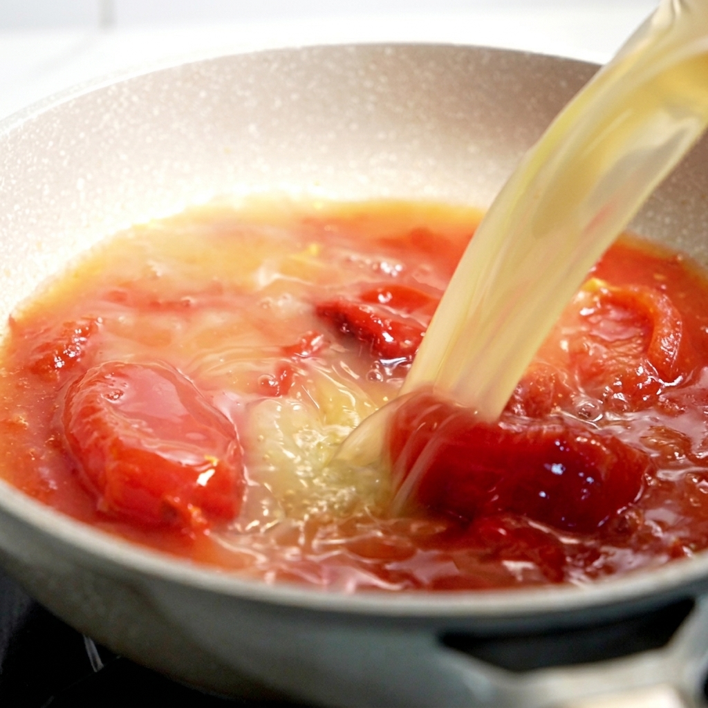 Pouring clear light yellow broth into a pan filled with a simmering red tomato mixture.