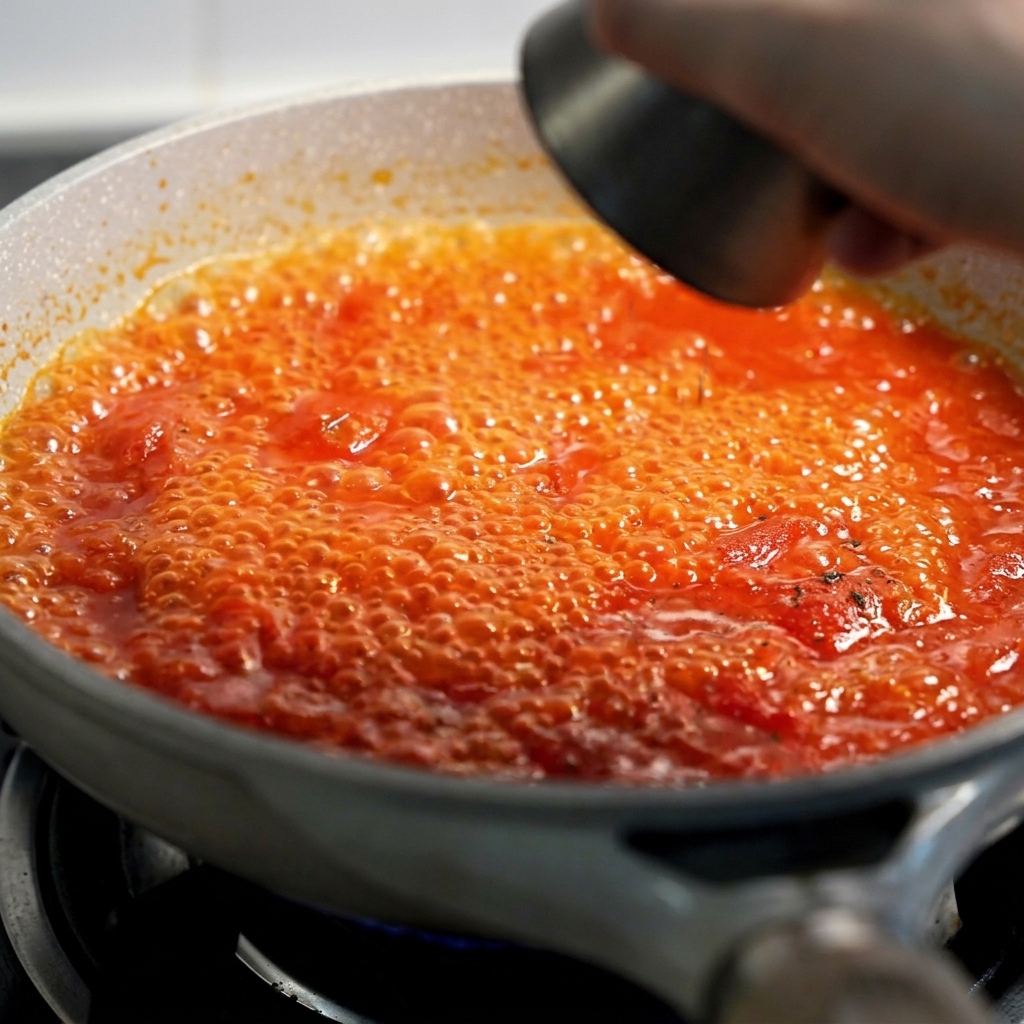 A bright red tomato sauce actively bubbling and simmering in a pan while being seasoned.