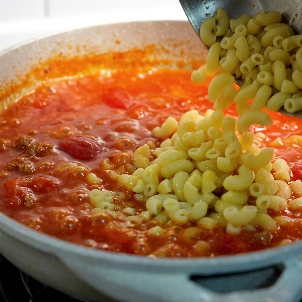 Cooked macaroni being poured from a strainer into a pan of simmering tomato beef sauce.