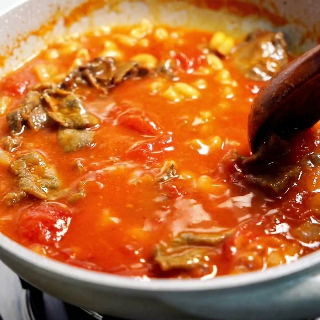 A wooden spoon stirring a thick, rich tomato sauce mixed with macaroni and tender beef slices.