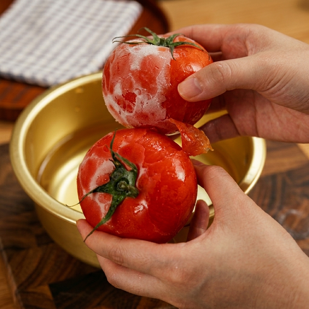 Hands placing frosted, frozen tomatoes into a gold-colored bowl filled with cold water.
