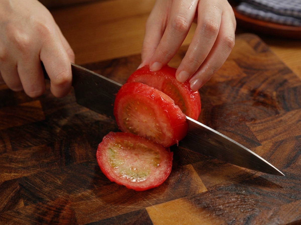 Hands using a knife to slice a peeled red tomato into thick rounds on a dark wooden cutting board.