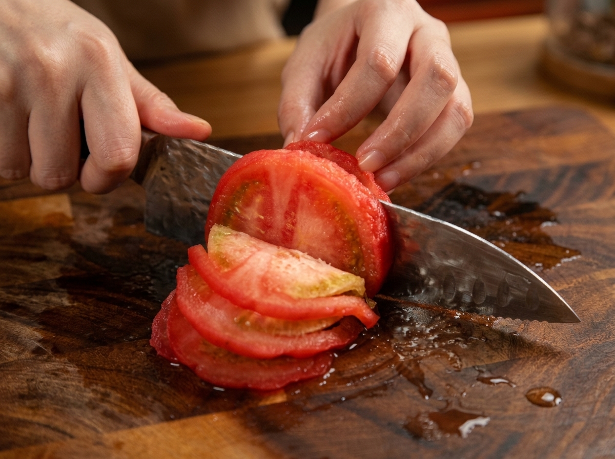 Hands using a textured metal knife to slice a peeled red tomato into thick rounds on a wooden cutting board.