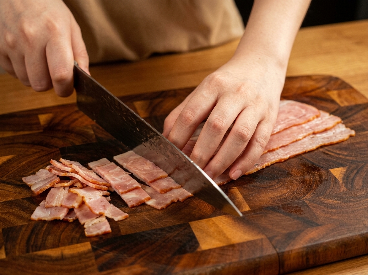 Hands slicing strips of raw bacon into smaller uniform pieces on a wooden cutting board.