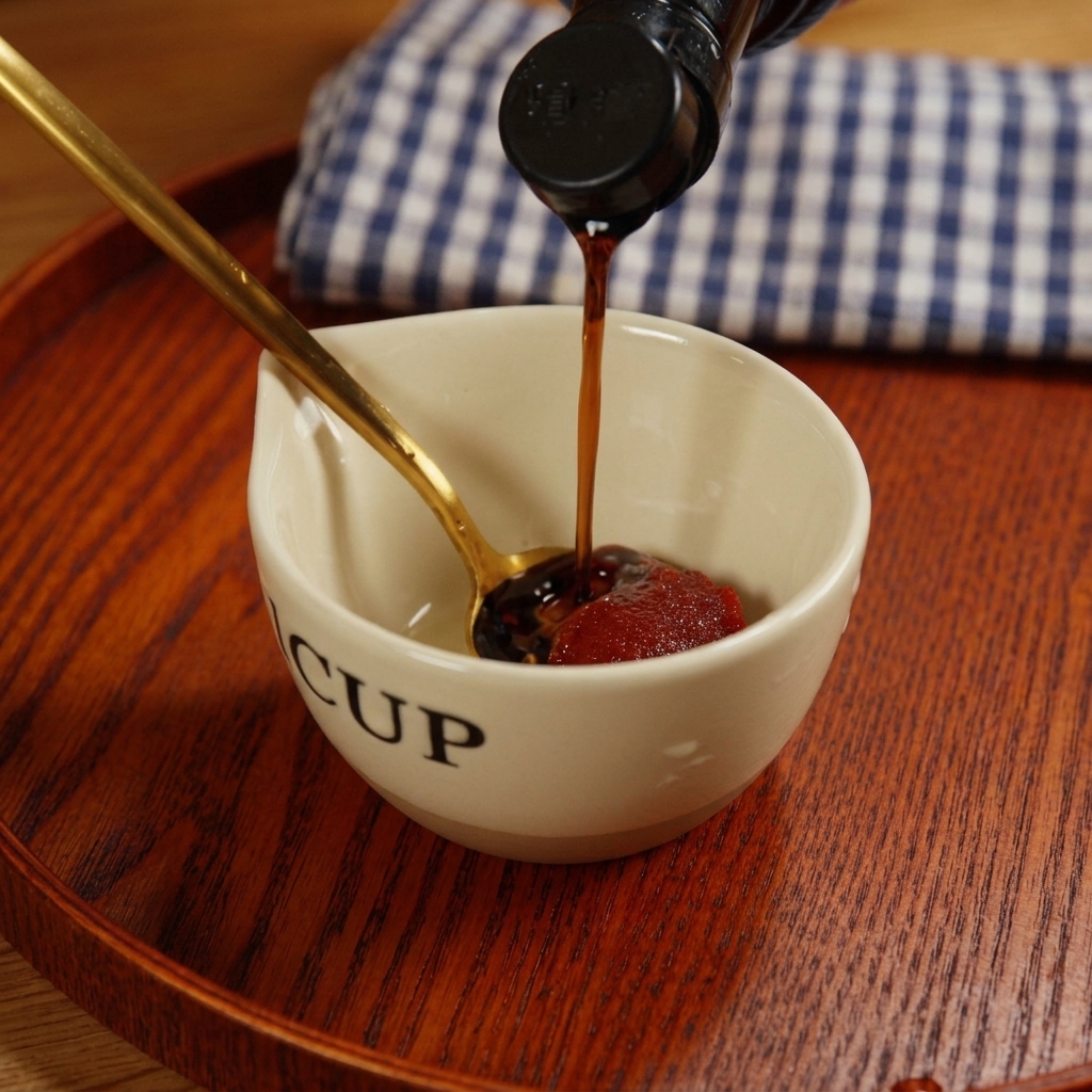 Dark soy sauce being poured from a bottle into a small ceramic bowl containing a dollop of red Korean chili paste.