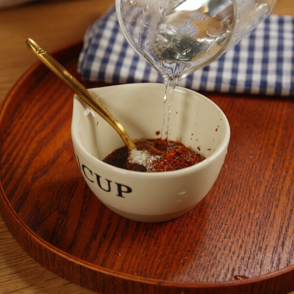 Pouring water from a glass pitcher into a small bowl containing red spices and seasonings.