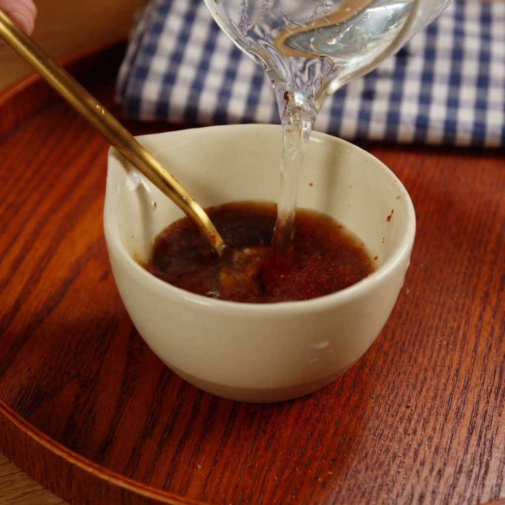 Clear water being poured from a glass pitcher into a small bowl filled with a dark red spice mixture.