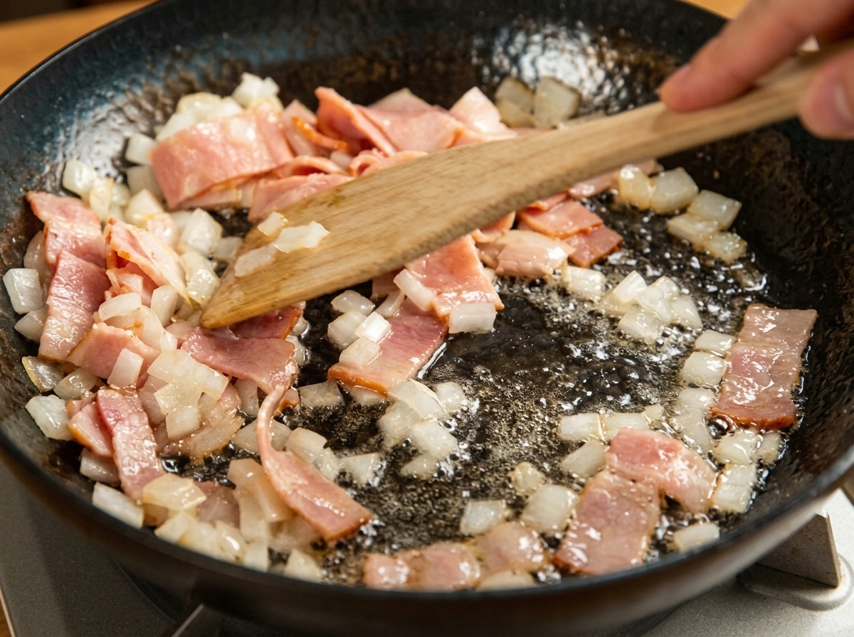 A wooden spatula tossing chopped bacon strips and diced white onions in a hot skillet.