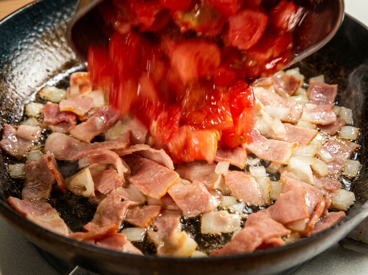 Diced tomatoes being poured from a container into a hot pan with pan fried bacon and white onions.