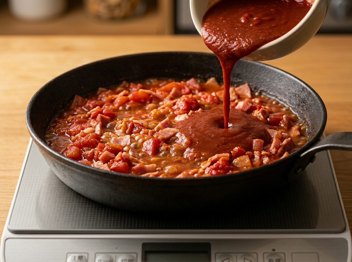 Dark red spicy sauce being poured from a small white bowl into a simmering pan of tomatoes, bacon, and onions.