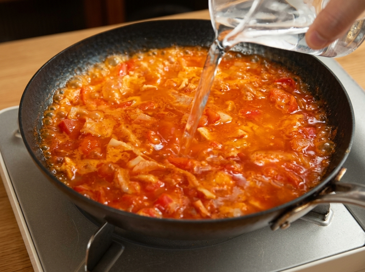 Water being poured from a clear glass pitcher into a bubbling red tomato and bacon sauce.
